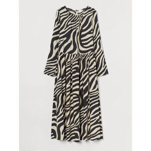 H&M Black White Zebra Print Pleated Long Sleeve Midi Dress Size Small